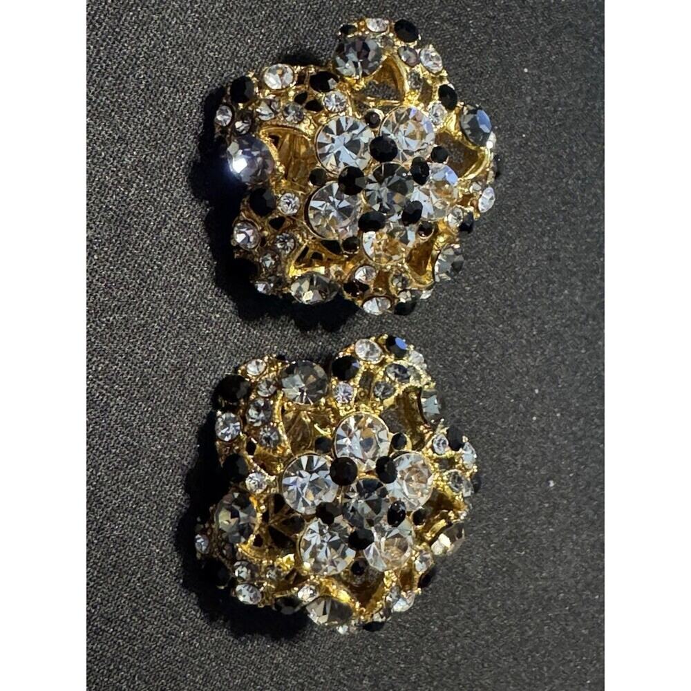 Rhinestone White/Black Ornate Gold Tone Clip On Earrings - Picture 2 of 5